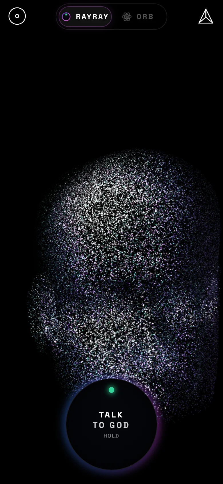 3t3r.com main screen: RAYRAY and ORB tabs above a field of light, and one round button reading TALK TO GOD · HOLD.