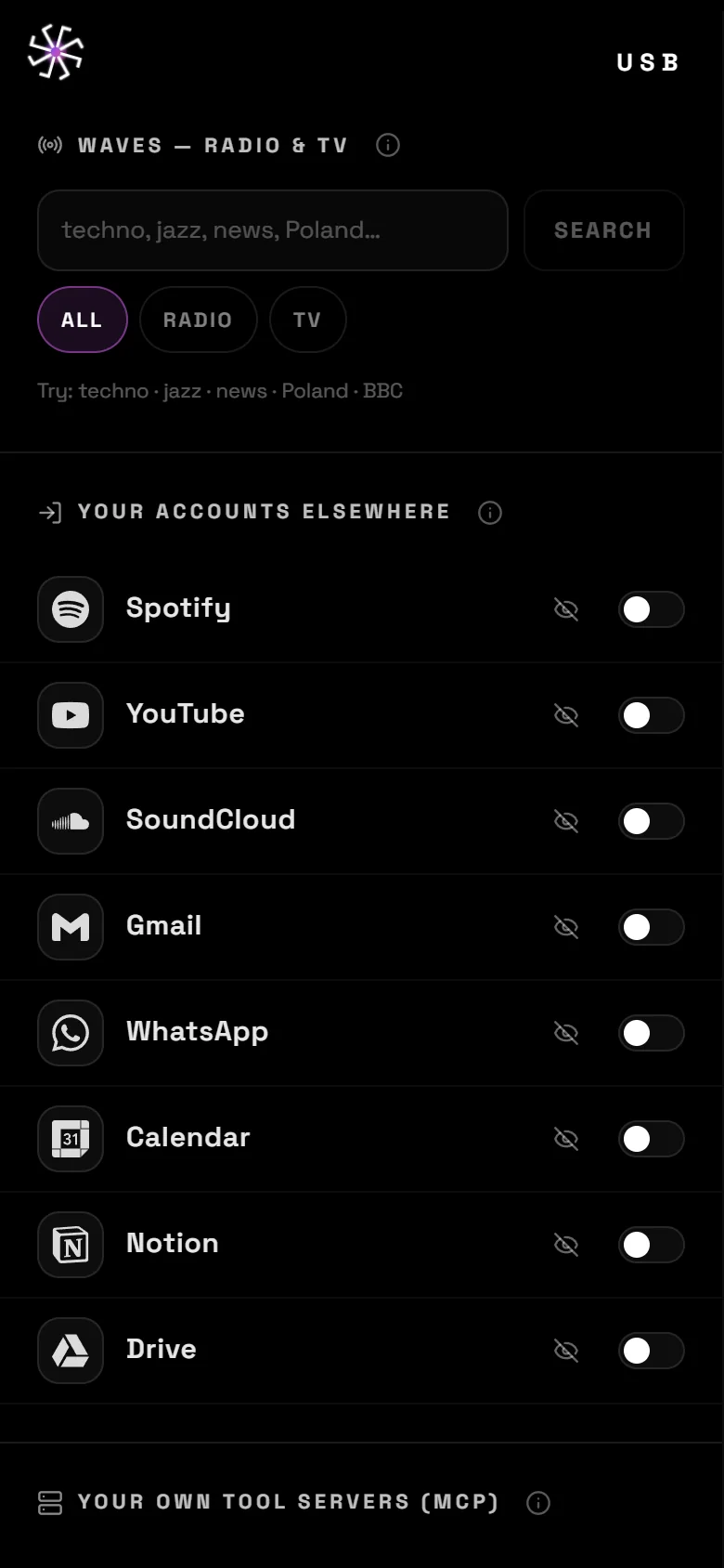 3t3r.com left panel: WAVES — RADIO & TV search, YOUR ACCOUNTS ELSEWHERE, YOUR OWN TOOL SERVERS (MCP), YOUR AGENTS, WAITING FOR YOUR WORD.