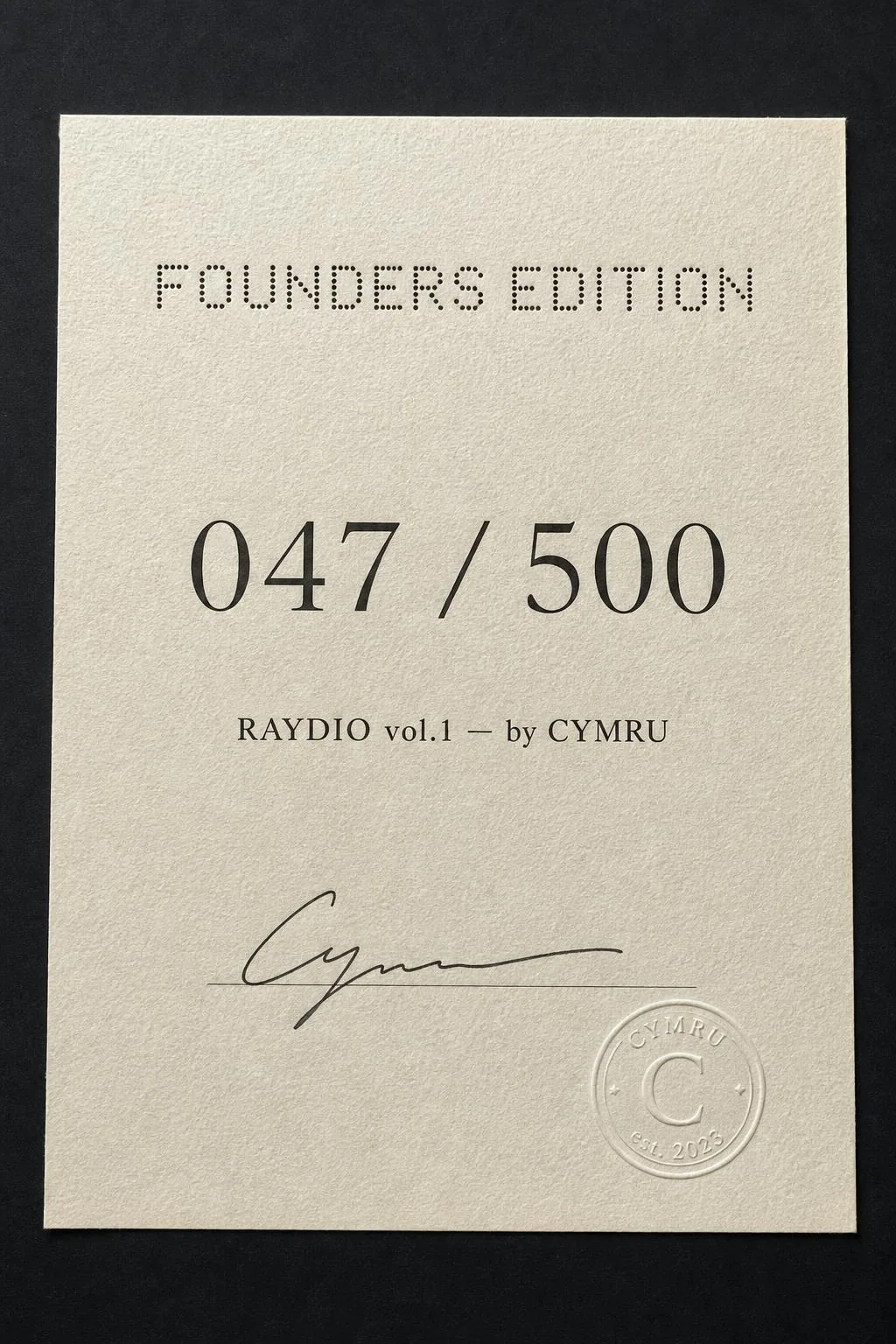 Founders Edition numbered certificate, printed and signed