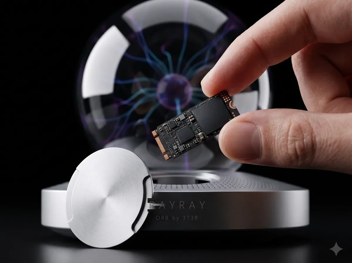 A hand lifting the socketed encrypted drive out of the Orb's base, its cover set aside