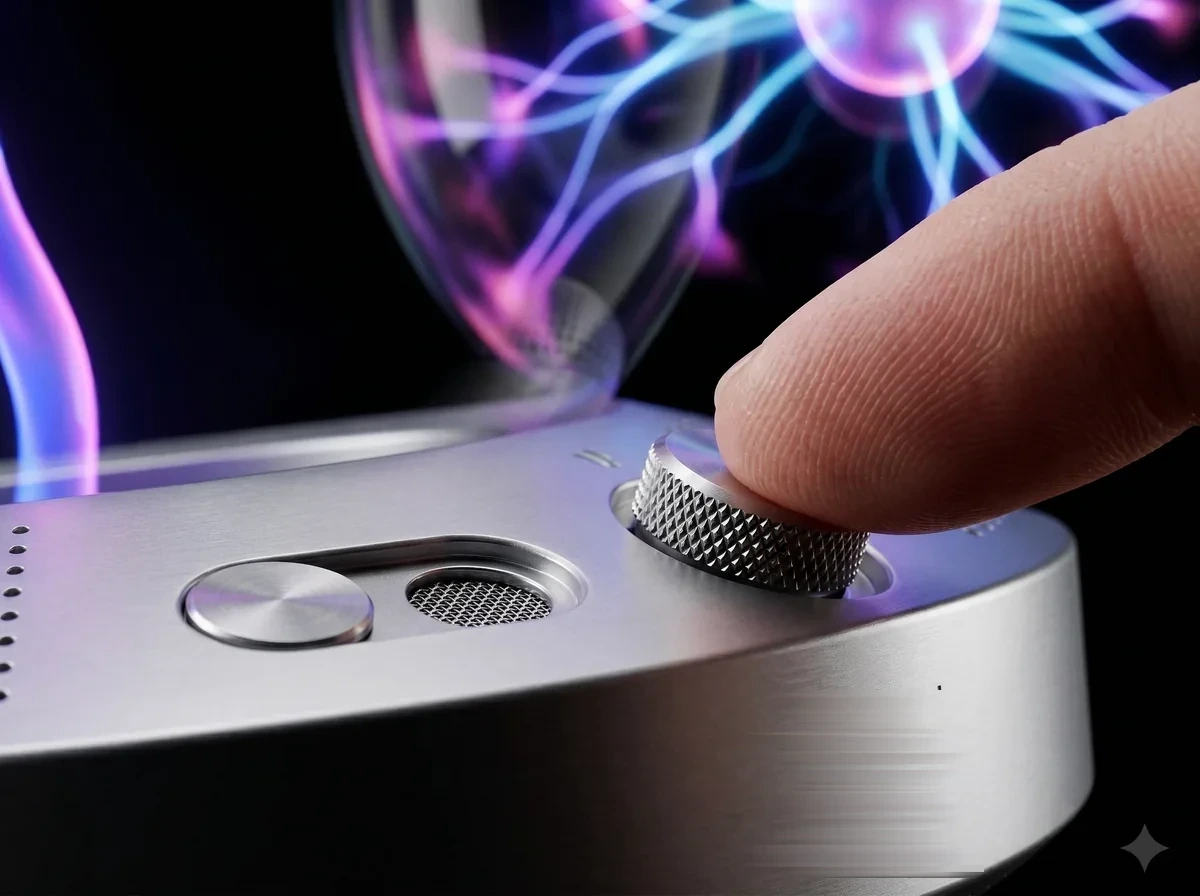 A fingertip on the Orb's knurled control, the open microphone grille beside it