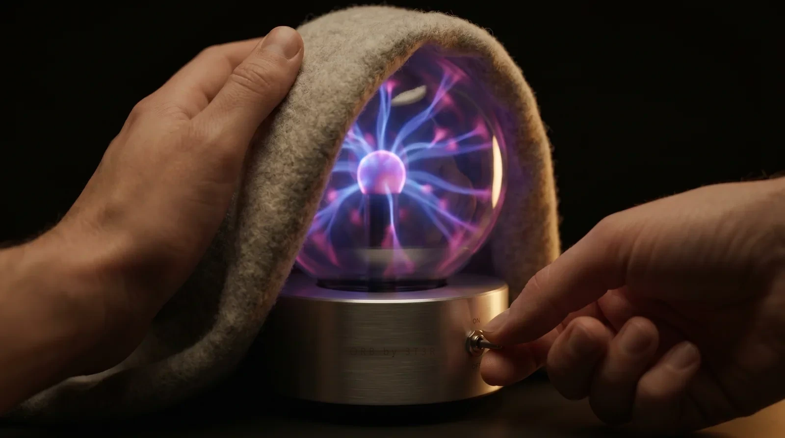 Hands covering the Orb and reaching for its hardware switch